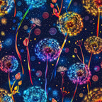 midnight blue, dandelion seeds, fireworks, golden yellow, electric blue, coral pink, starry night, botanical pattern, whimsical design,, fabric panel, celestial theme, flowing seeds, bright bursts, decorative florals, fantasy garden, luminous effects, night sky, scattered stars, magical blooms