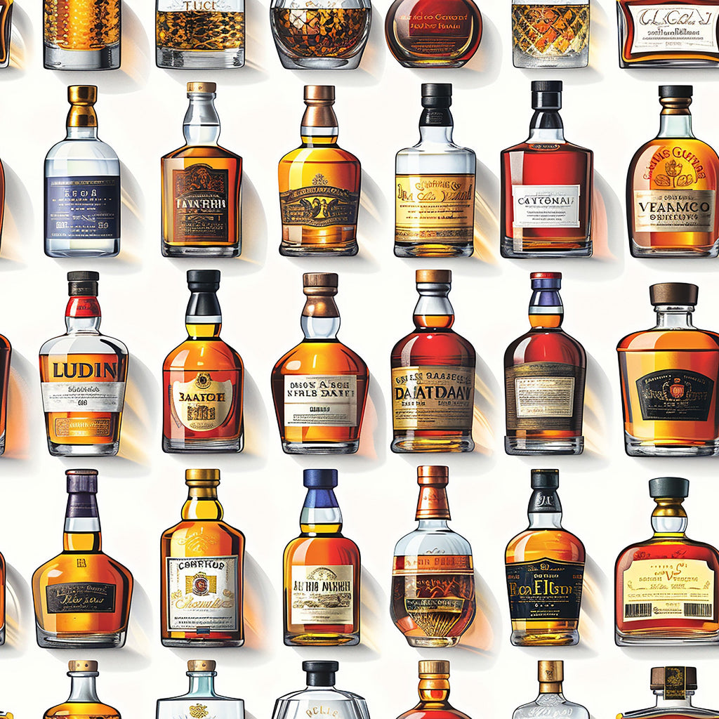 amber, whiskey bottles, brown tones, golden hues, copper colors, glass bottles, spirit collection, liquor pattern, vintage labels, distillery theme, alcohol motif,, fabric panel, realistic bottles, warm colors, beverage design, scottish theme, bottle shapes, liquid amber, distilled spirits