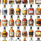 amber, whiskey bottles, brown tones, golden hues, copper colors, glass bottles, spirit collection, liquor pattern, vintage labels, distillery theme, alcohol motif,, fabric panel, realistic bottles, warm colors, beverage design, scottish theme, bottle shapes, liquid amber, distilled spirits