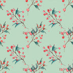 mint green, coral pink, rose red, teal blue, watercolor berries, floral pattern, nature theme, botanical, whimsical style, elegant design, spring season, summer aesthetic, baby nursery, kids room, playroom decor, berry branches, delicate florals, soft colors, romantic style, garden inspired, vintage botanical, sweet berries, scattered florals, feminine design, nature lover gift, soft botanical, dreamy aesthetic, pastel palette, berry picking theme