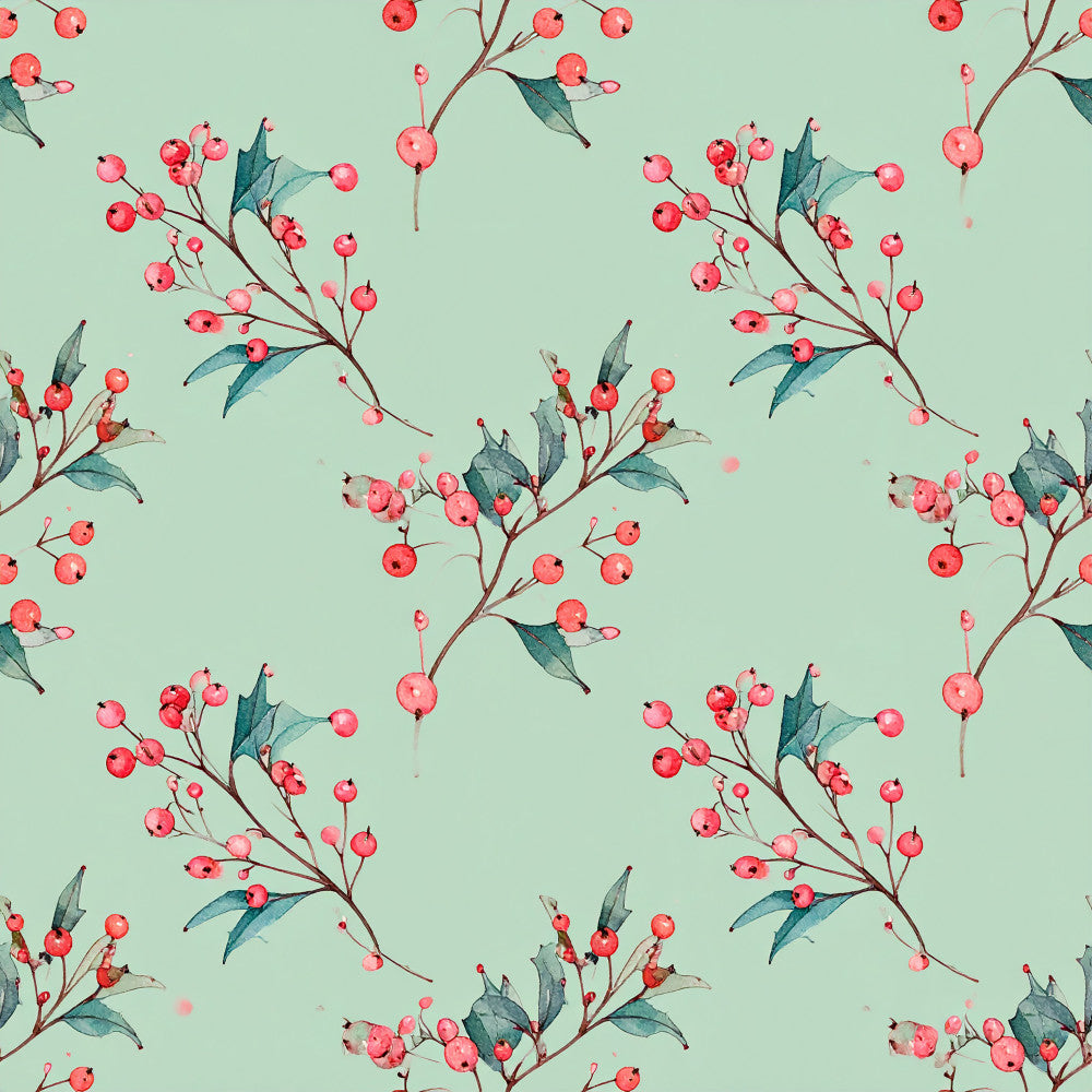 mint green, coral pink, rose red, teal blue, watercolor berries, floral pattern, nature theme, botanical, whimsical style, elegant design, spring season, summer aesthetic, baby nursery, kids room, playroom decor, berry branches, delicate florals, soft colors, romantic style, garden inspired, vintage botanical, sweet berries, scattered florals, feminine design, nature lover gift, soft botanical, dreamy aesthetic, pastel palette, berry picking theme