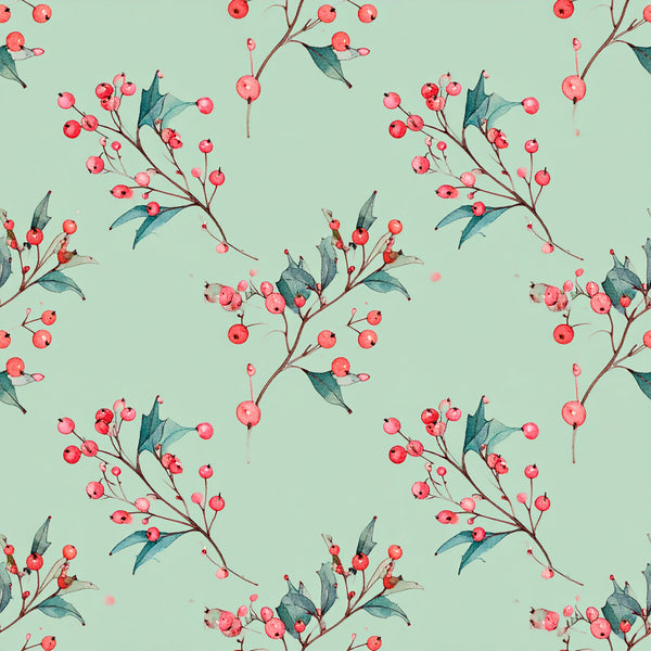 mint green, coral pink, rose red, teal blue, watercolor berries, floral pattern, nature theme, botanical, whimsical style, elegant design, spring season, summer aesthetic, baby nursery, kids room, playroom decor, berry branches, delicate florals, soft colors, romantic style, garden inspired, vintage botanical, sweet berries, scattered florals, feminine design, nature lover gift, soft botanical, dreamy aesthetic, pastel palette, berry picking theme