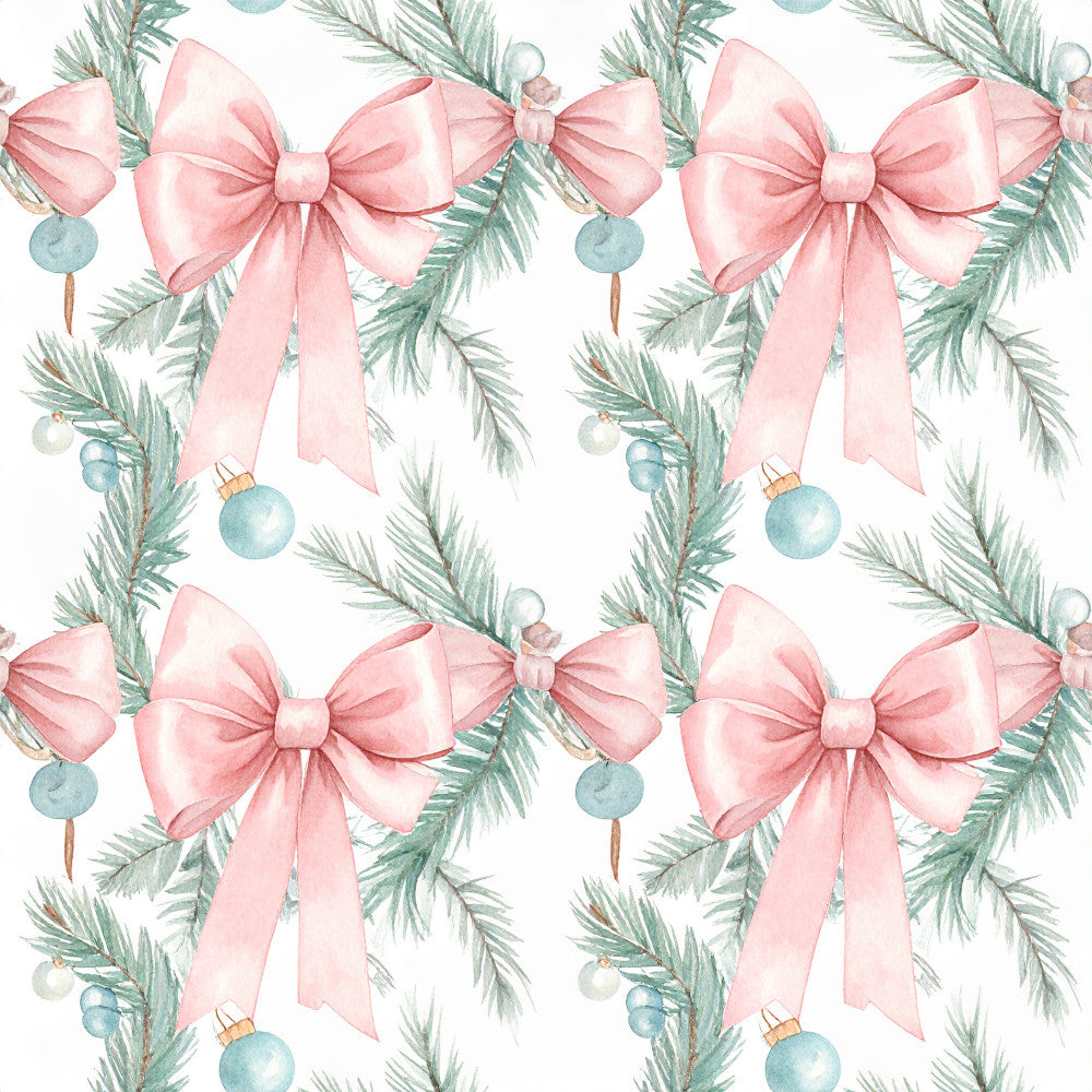 blush pink, dusty blue, sage green, soft pink, evergreen, watercolor, floral, nature, holiday, christmas, winter, elegant, whimsical, festive, bows, ribbons, ornaments, evergreen branches, pine needles, botanical, traditional, classic, nursery, baby girl, girl's room, shower gift, soft aesthetic, gentle, delicate, peaceful