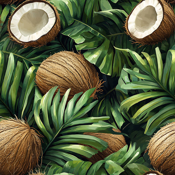 tropical leaves, coconut pattern, palm fronds, brown coconuts, green foliage, jungle theme, botanical design,, fabric panel, tropical paradise, exotic fruits, lush vegetation, island vibes, summer motif, nature pattern, vibrant greens, earth tones, coconut halves, tropical flora, beach theme