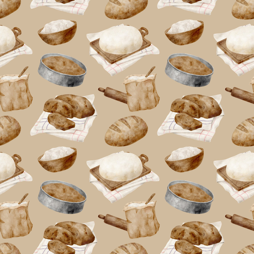 watercolor, baking pattern, beige background, tan, cream, brown, bread loaves, rolling pins, mixing bowls, flour sacks, checkered towels, kitchen utensils, baking tools, rustic style, artisan bread, sourdough, culinary theme,, fabric panel, cooking motif, bakery items, soft pastels, repeating pattern, food illustration