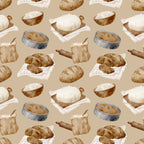 watercolor, baking pattern, beige background, tan, cream, brown, bread loaves, rolling pins, mixing bowls, flour sacks, checkered towels, kitchen utensils, baking tools, rustic style, artisan bread, sourdough, culinary theme,, fabric panel, cooking motif, bakery items, soft pastels, repeating pattern, food illustration