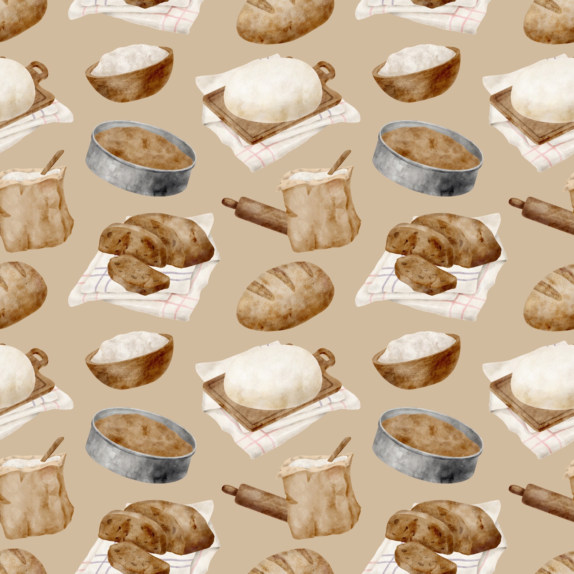 watercolor, baking pattern, beige background, tan, cream, brown, bread loaves, rolling pins, mixing bowls, flour sacks, checkered towels, kitchen utensils, baking tools, rustic style, artisan bread, sourdough, culinary theme,, fabric panel, cooking motif, bakery items, soft pastels, repeating pattern, food illustration