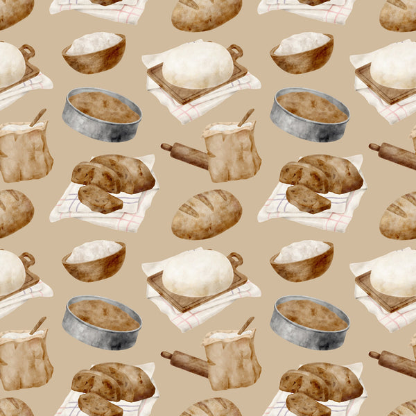 watercolor, baking pattern, beige background, tan, cream, brown, bread loaves, rolling pins, mixing bowls, flour sacks, checkered towels, kitchen utensils, baking tools, rustic style, artisan bread, sourdough, culinary theme,, fabric panel, cooking motif, bakery items, soft pastels, repeating pattern, food illustration