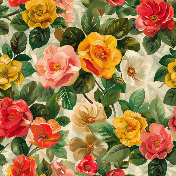 realistic flowers, floral pattern, roses, blooms, coral pink, golden yellow, cream white, red flowers, green leaves, botanical design,, fabric panel, vintage style, romantic mood, garden flowers, layered petals, natural elements, warm colors, repeating pattern, spring theme