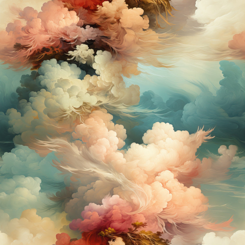 soft peach, blush pink, coral pink, dusty rose, cream, ivory, teal, turquoise, warm beige, golden brown, burnt orange, cloud pattern, fluffy clouds, abstract floral, dreamy, whimsical, celestial, sky theme, romantic, elegant, ethereal, pastel, watercolor style, flowing, artistic, peaceful, serene, nursery, baby room, children's décor