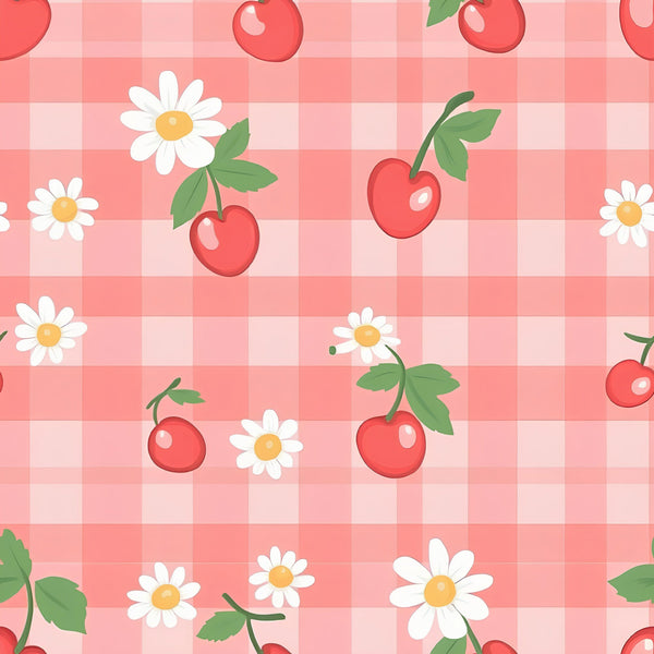 pink, coral, white, red cherries, daisies, gingham, checkered pattern, floral motif, fruit design,, fabric panel, sweet aesthetic, vintage style, botanical elements, summer theme, cottage core, pastel tones, cheerful mood, crafting material, patchwork suitable