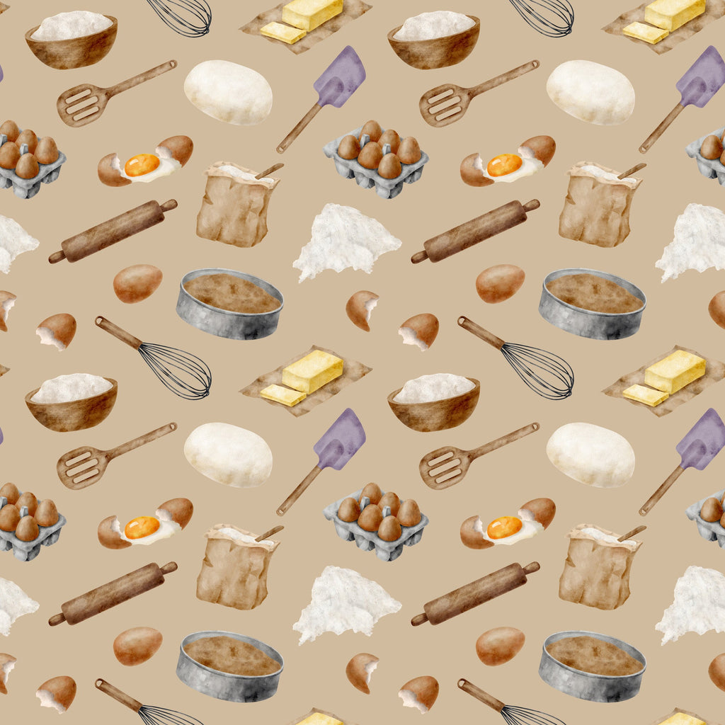 watercolor, baking pattern,, fabric panel, beige background, tan, cream, brown, yellow butter, purple spatula, kitchen utensils, eggs, flour bowl, rolling pin, whisk, baking ingredients, food illustration, cooking theme, repeating pattern, soft pastels, culinary motifs