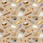 watercolor, baking pattern,, fabric panel, beige background, tan, cream, brown, yellow butter, purple spatula, kitchen utensils, eggs, flour bowl, rolling pin, whisk, baking ingredients, food illustration, cooking theme, repeating pattern, soft pastels, culinary motifs