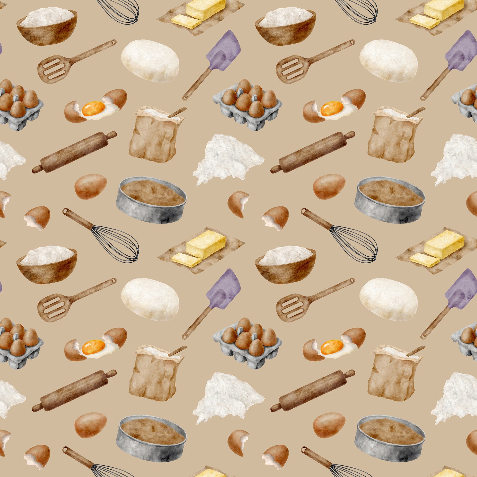 watercolor, baking pattern,, fabric panel, beige background, tan, cream, brown, yellow butter, purple spatula, kitchen utensils, eggs, flour bowl, rolling pin, whisk, baking ingredients, food illustration, cooking theme, repeating pattern, soft pastels, culinary motifs
