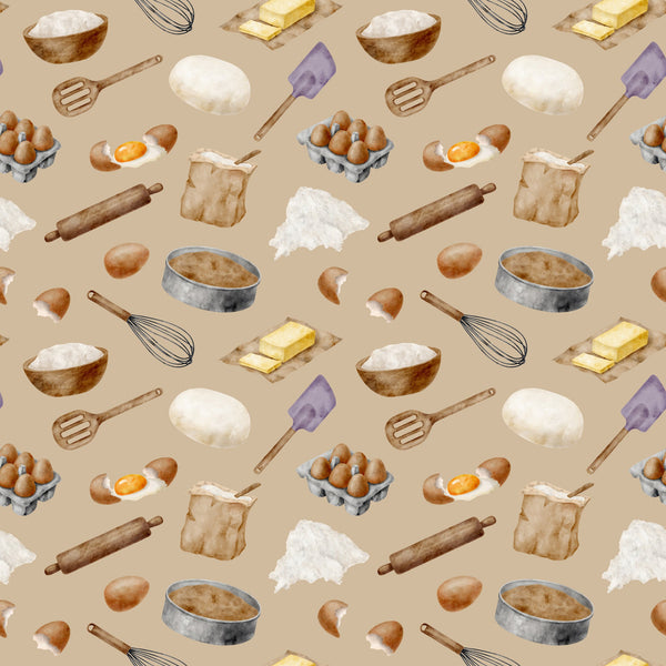 watercolor, baking pattern,, fabric panel, beige background, tan, cream, brown, yellow butter, purple spatula, kitchen utensils, eggs, flour bowl, rolling pin, whisk, baking ingredients, food illustration, cooking theme, repeating pattern, soft pastels, culinary motifs