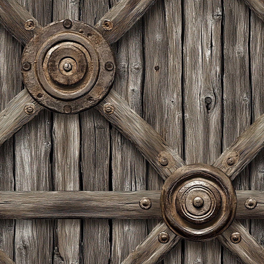 rustic brown, weathered wood, wagon wheels, metal hardware, western theme, frontier style, vintage texture, sepia tones,, fabric panel, cowboy era, pioneer life, antique finish, distressed appearance, rustic charm, old west, wooden planks, iron accents, historical motif