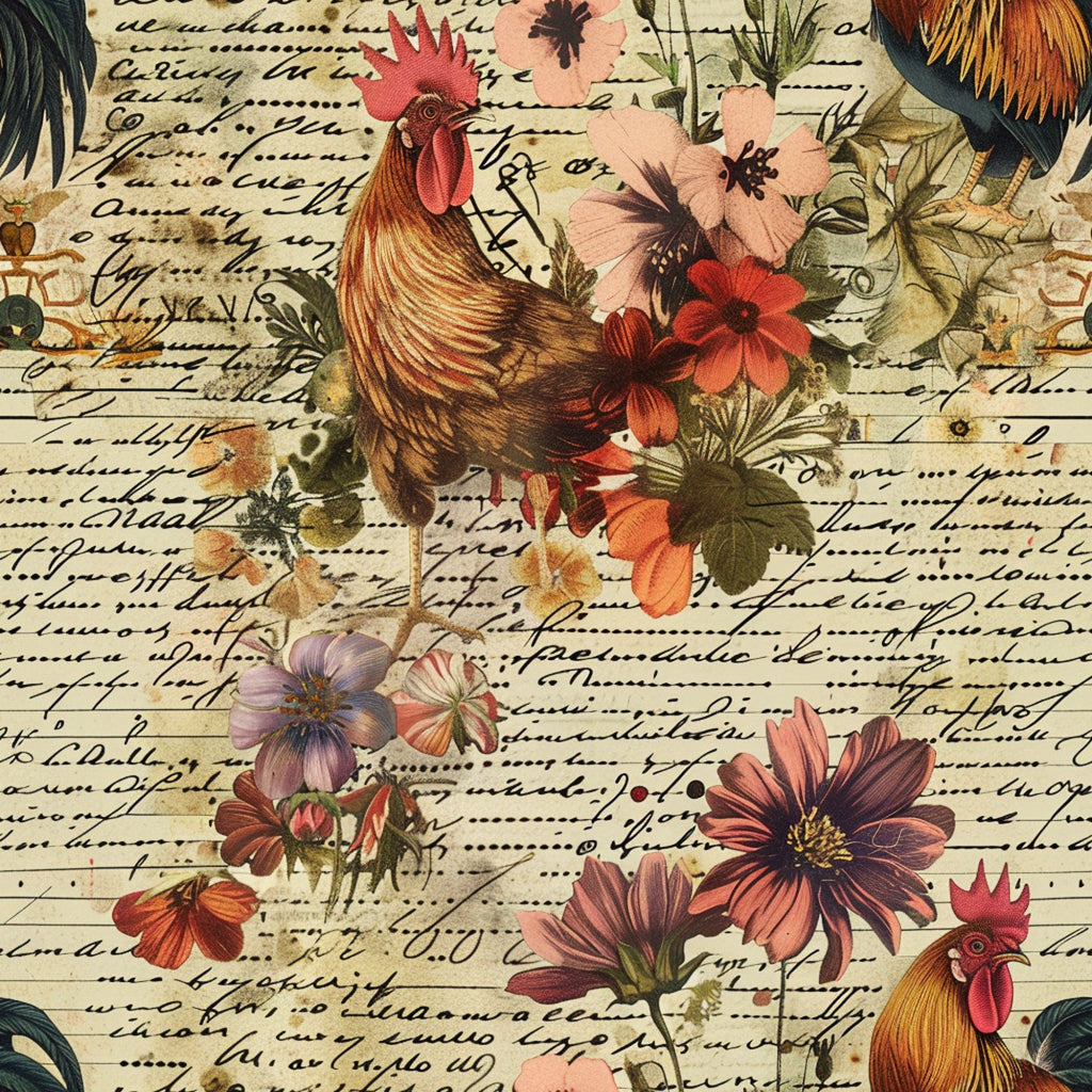 rooster, farm animals, tropical flowers, hibiscus, vintage script, handwritten text, coral pink, russet brown, olive green, cream background, botanical elements, country farm,, fabric panel, nostalgic style, floral motifs, poultry design, mixed media collage, warm earth tones, cottage core