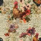 rooster, farm animals, tropical flowers, hibiscus, vintage script, handwritten text, coral pink, russet brown, olive green, cream background, botanical elements, country farm,, fabric panel, nostalgic style, floral motifs, poultry design, mixed media collage, warm earth tones, cottage core