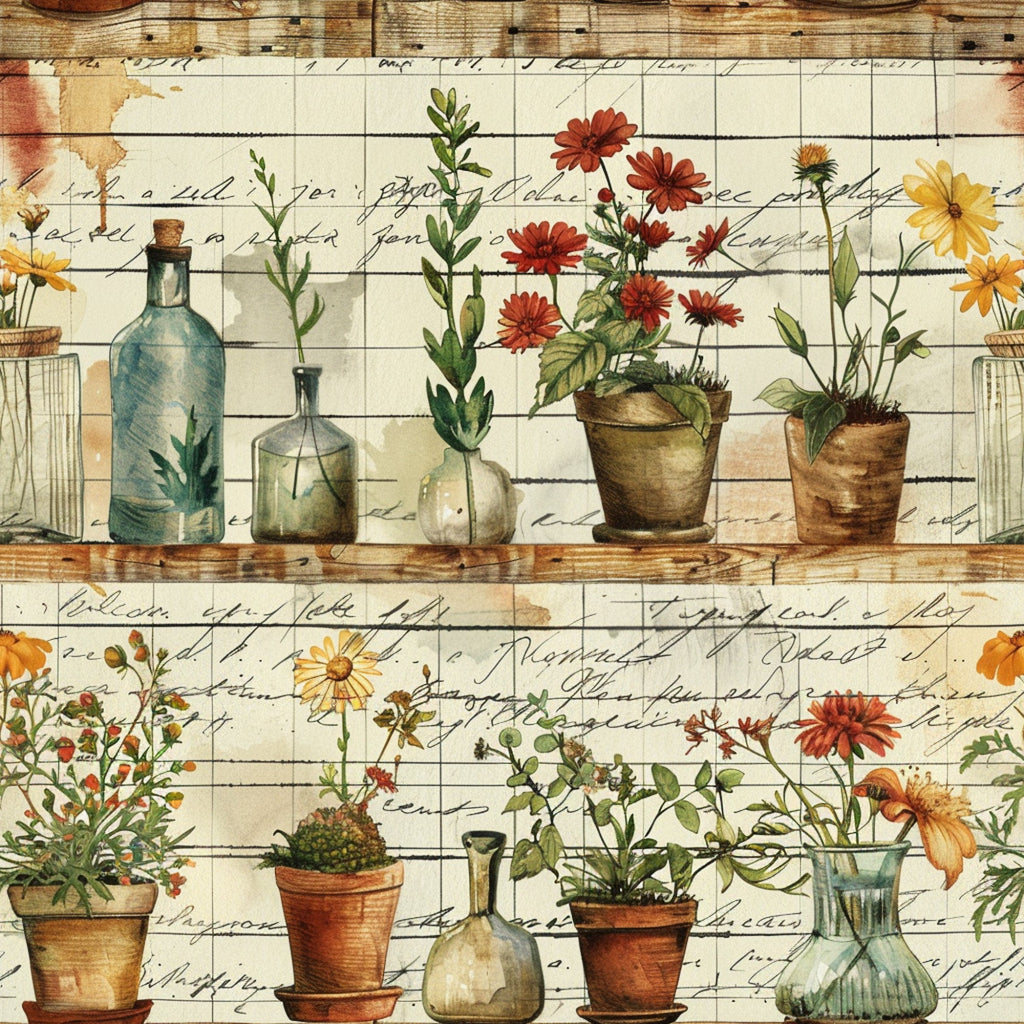 botanical illustrations, terracotta pots, glass bottles, vintage florals, grid background, handwritten script, watercolor style, garden theme, potted plants, amber yellow, rustic brown, sage green, coral red,, fabric panel, cottage core, herbarium, apothecary jars, wildflowers, farm life