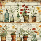 botanical illustrations, terracotta pots, glass bottles, vintage florals, grid background, handwritten script, watercolor style, garden theme, potted plants, amber yellow, rustic brown, sage green, coral red,, fabric panel, cottage core, herbarium, apothecary jars, wildflowers, farm life
