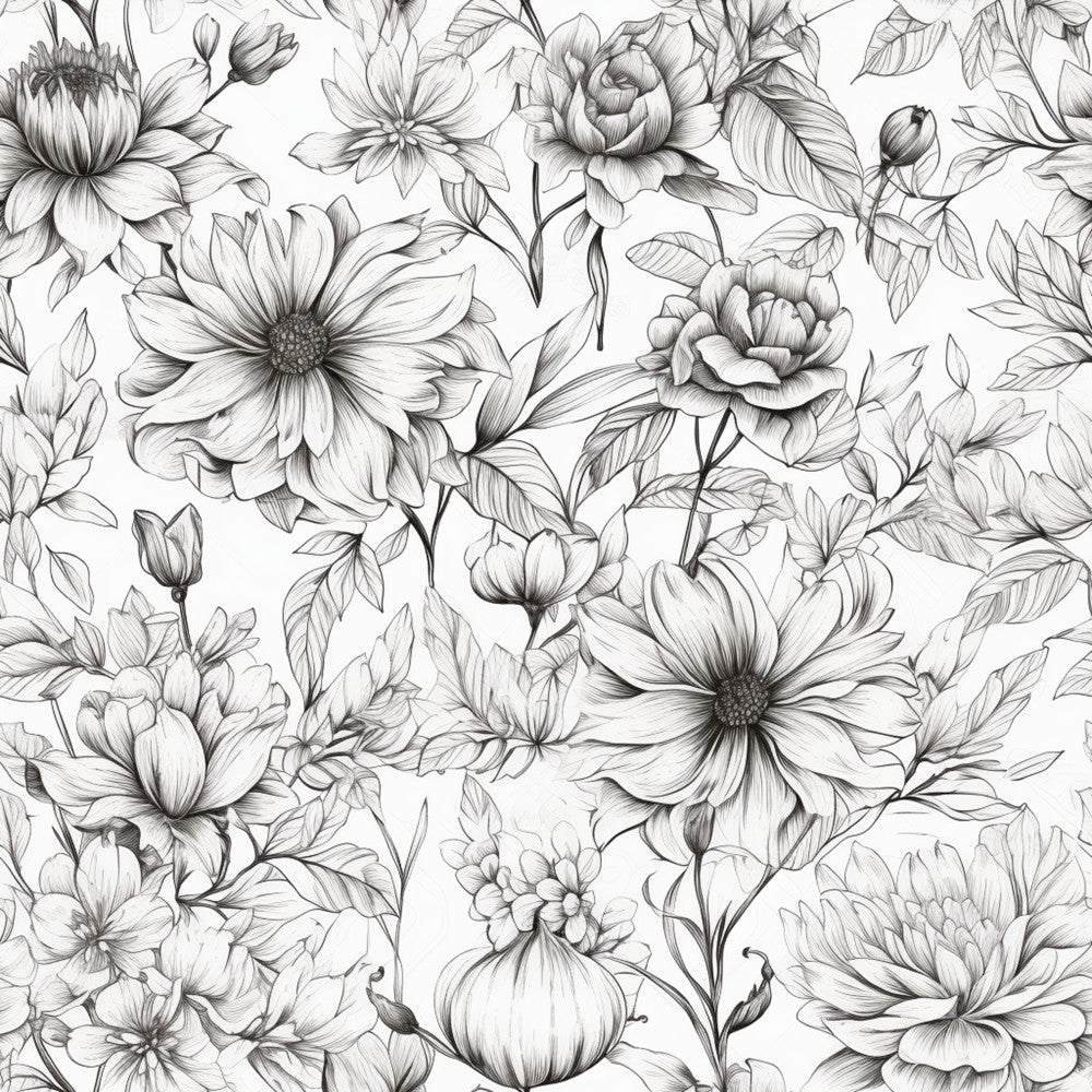 black and white, monochrome, grayscale, floral, botanical, nature, elegant, vintage, romantic, garden flowers, dahlias, roses, peony, delicate, fine line art, detailed, botanical illustration, timeless, classic, traditional, whimsical, artistic, sketch style, hand drawn, spring, summer, feminine, sophisticated, nature lover, garden theme