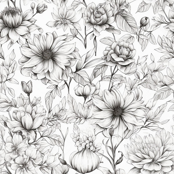 black and white, monochrome, grayscale, floral, botanical, nature, elegant, vintage, romantic, garden flowers, dahlias, roses, peony, delicate, fine line art, detailed, botanical illustration, timeless, classic, traditional, whimsical, artistic, sketch style, hand drawn, spring, summer, feminine, sophisticated, nature lover, garden theme