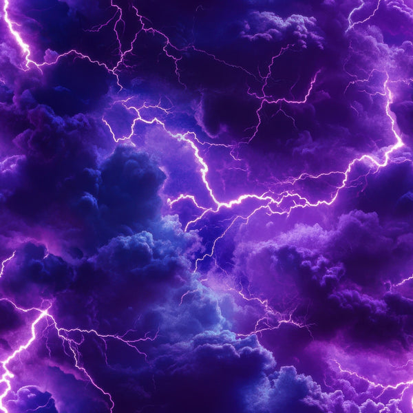 purple, violet, deep blue, lightning bolts, thunderstorm, storm clouds, electric pattern, dramatic sky,, fabric panel, stormy weather, electrical discharge, atmospheric, moody, intense, weather pattern, storm scene, purple lightning, turbulent clouds, electric energy