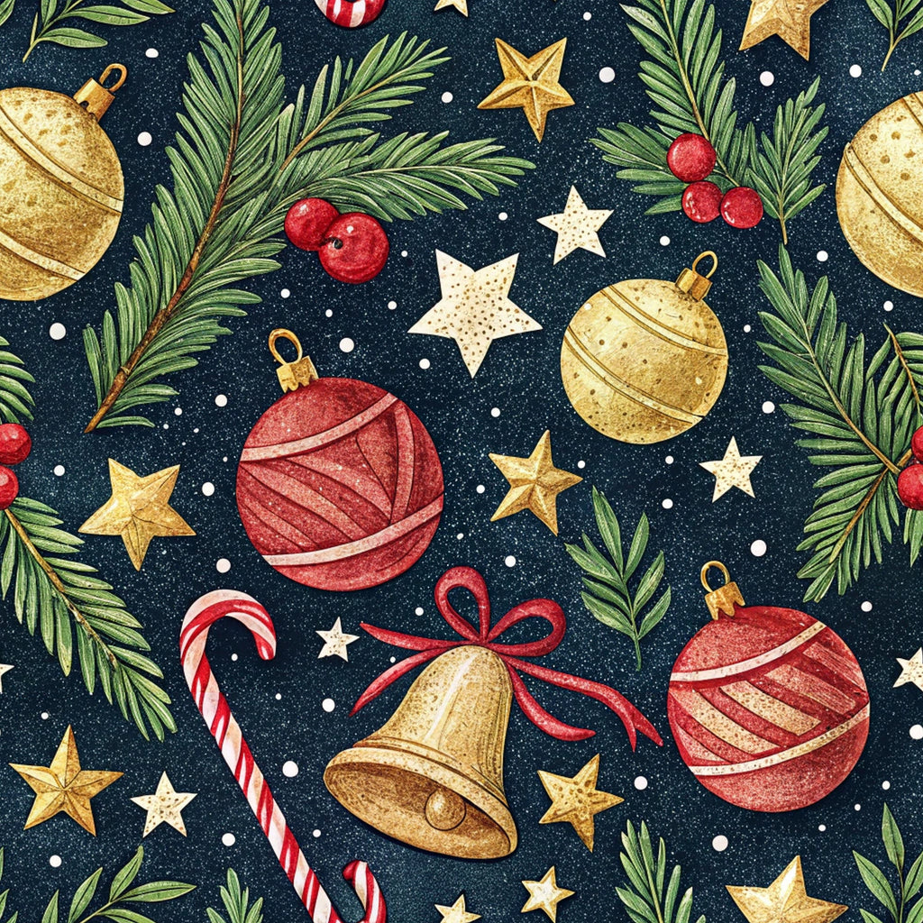 christmas ornaments, navy blue background, gold baubles, red ornaments, evergreen branches, candy canes, golden stars, white stars, holly berries, golden bell, red ribbon,, fabric panel, winter pattern, holiday theme, festive design, watercolor style, seamless repeat, christmas decorations, pine needles