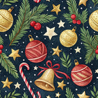 christmas ornaments, navy blue background, gold baubles, red ornaments, evergreen branches, candy canes, golden stars, white stars, holly berries, golden bell, red ribbon,, fabric panel, winter pattern, holiday theme, festive design, watercolor style, seamless repeat, christmas decorations, pine needles