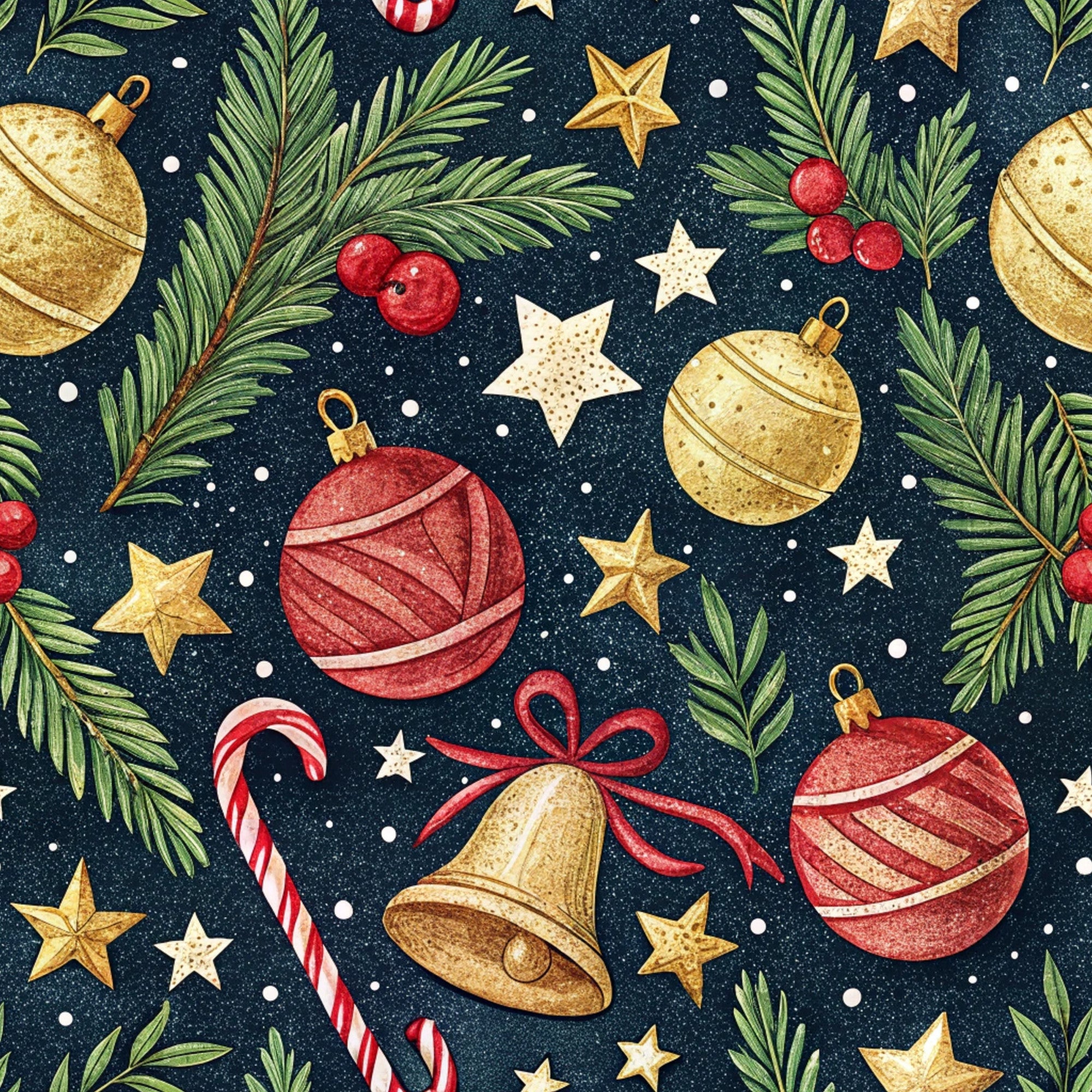 christmas ornaments, navy blue background, gold baubles, red ornaments, evergreen branches, candy canes, golden stars, white stars, holly berries, golden bell, red ribbon,, fabric panel, winter pattern, holiday theme, festive design, watercolor style, seamless repeat, christmas decorations, pine needles