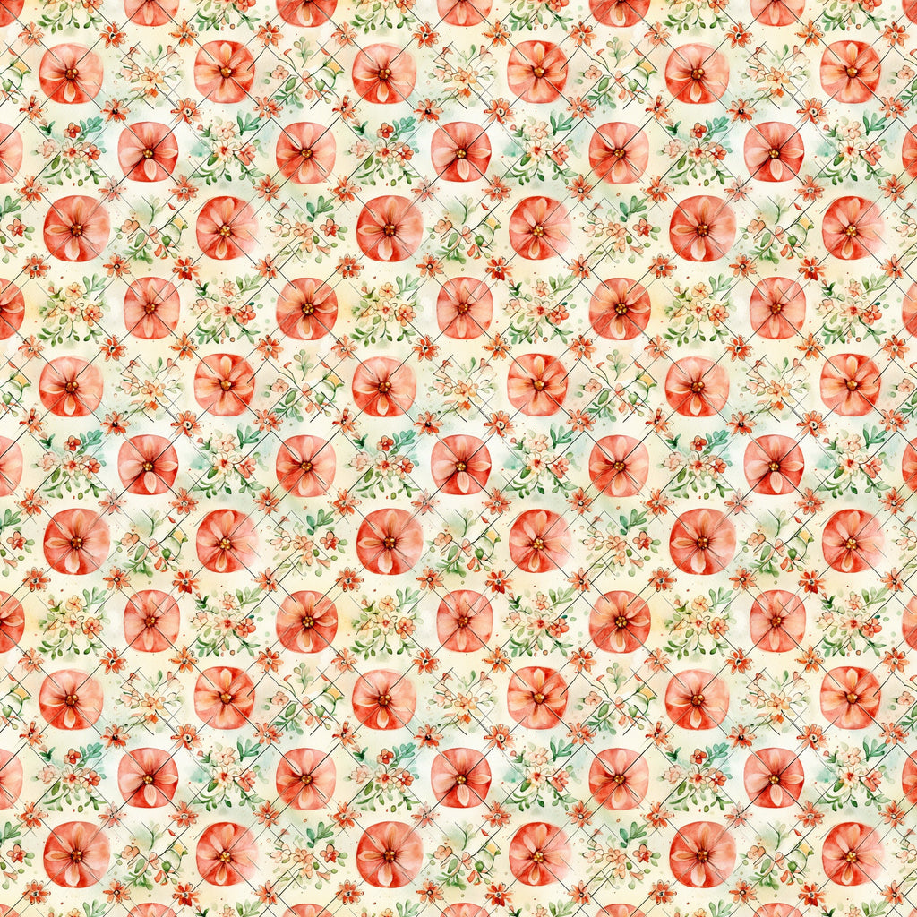 coral flowers, peach blossoms, sage green leaves, cream background, watercolor style, botanical pattern, floral motif,, fabric panel, vintage inspired, shabby chic, rustic design, repeating pattern, delicate florals, soft pastels, spring themed, garden flowers, textile design, crafting fabric