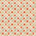 coral flowers, peach blossoms, sage green leaves, cream background, watercolor style, botanical pattern, floral motif,, fabric panel, vintage inspired, shabby chic, rustic design, repeating pattern, delicate florals, soft pastels, spring themed, garden flowers, textile design, crafting fabric