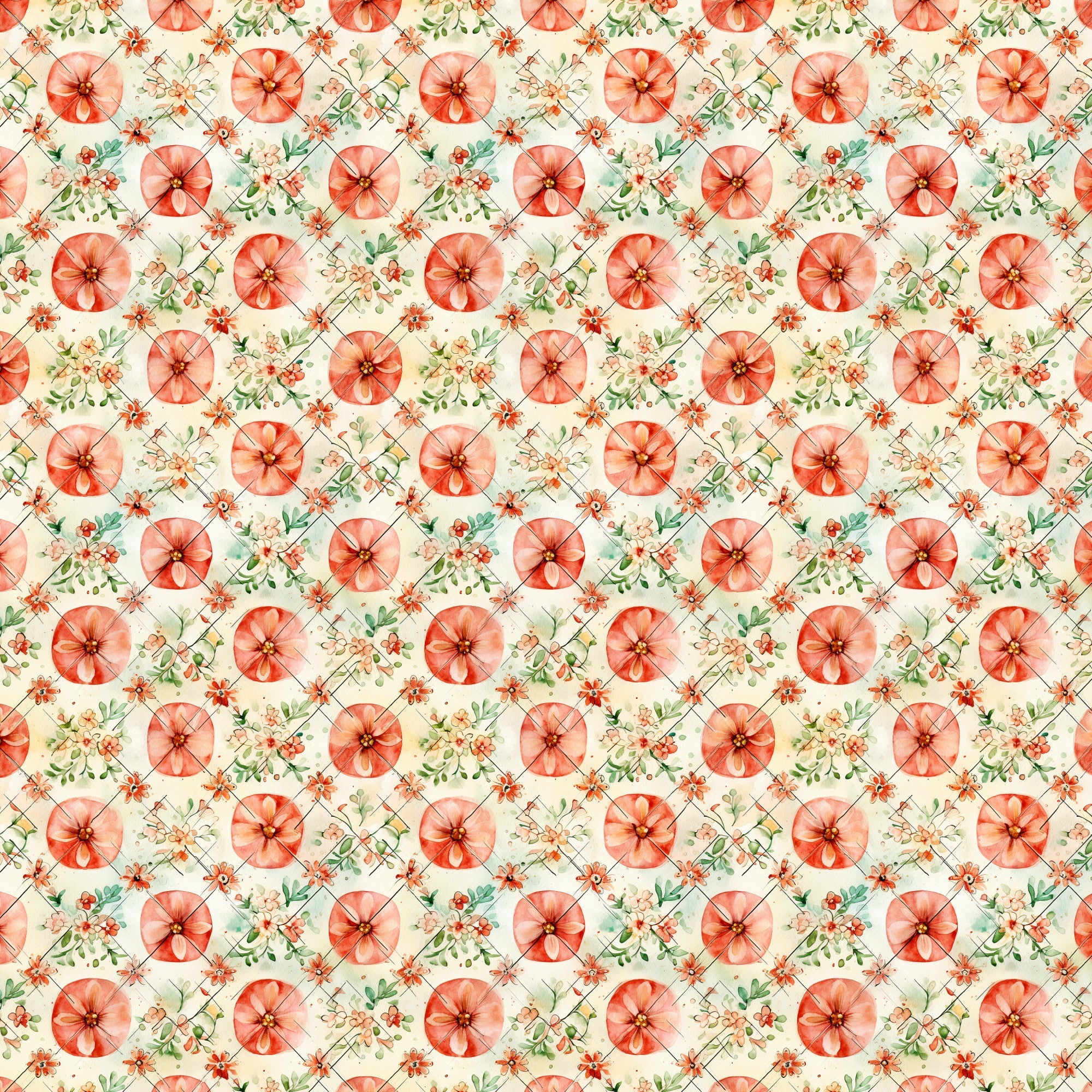 coral flowers, peach blossoms, sage green leaves, cream background, watercolor style, botanical pattern, floral motif,, fabric panel, vintage inspired, shabby chic, rustic design, repeating pattern, delicate florals, soft pastels, spring themed, garden flowers, textile design, crafting fabric