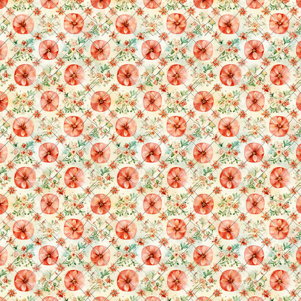 coral flowers, peach blossoms, sage green leaves, cream background, watercolor style, botanical pattern, floral motif,, fabric panel, vintage inspired, shabby chic, rustic design, repeating pattern, delicate florals, soft pastels, spring themed, garden flowers, textile design, crafting fabric