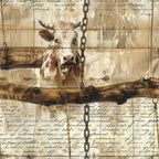 farm animals, cow portrait, brown and white, sepia tones, rustic wood, vintage chains, handwritten text, weathered background,, fabric panel, country style, barnyard theme, aged patina, distressed finish, pastoral scene, neutral palette, farming motif, livestock imagery, worn textures, rural charm