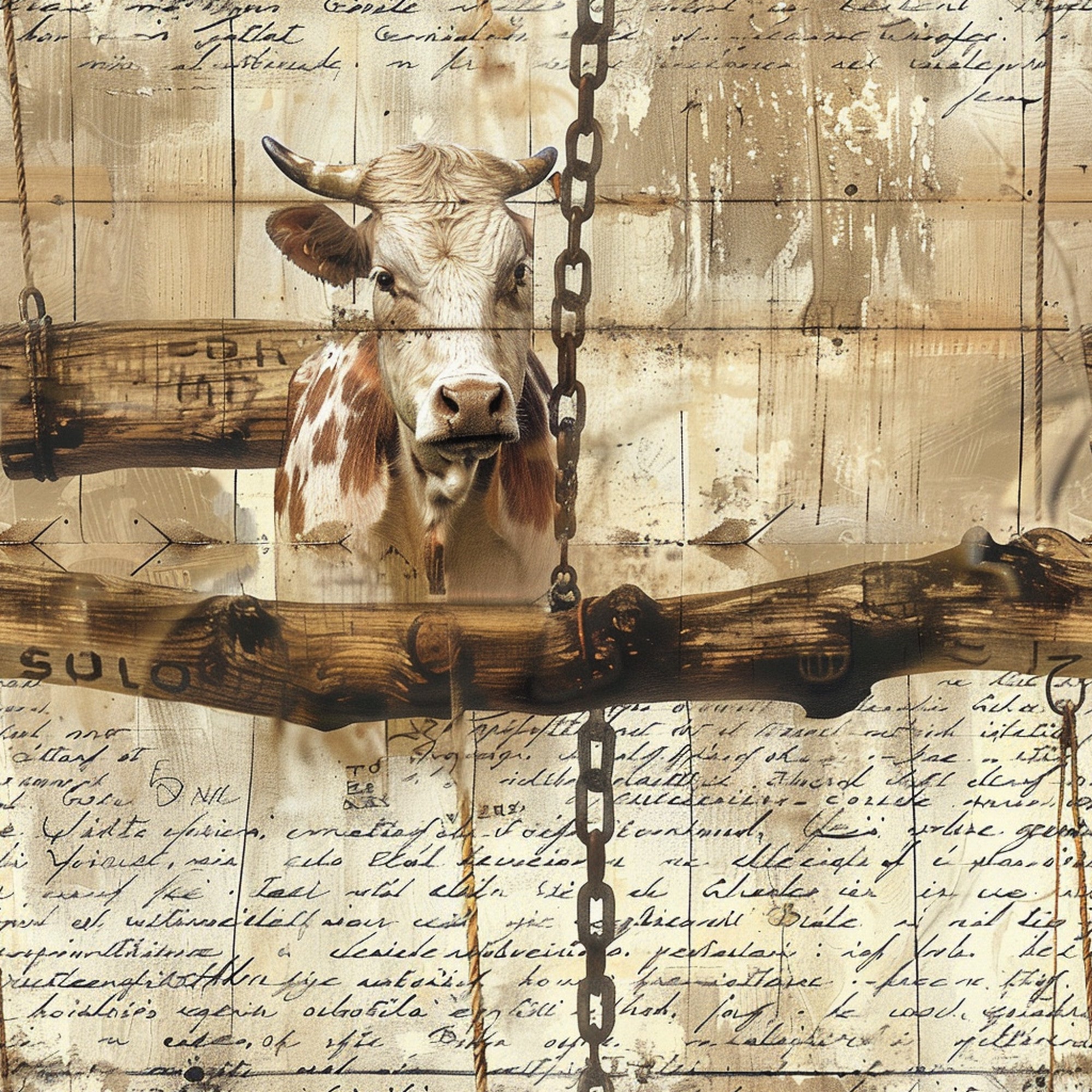 farm animals, cow portrait, brown and white, sepia tones, rustic wood, vintage chains, handwritten text, weathered background,, fabric panel, country style, barnyard theme, aged patina, distressed finish, pastoral scene, neutral palette, farming motif, livestock imagery, worn textures, rural charm