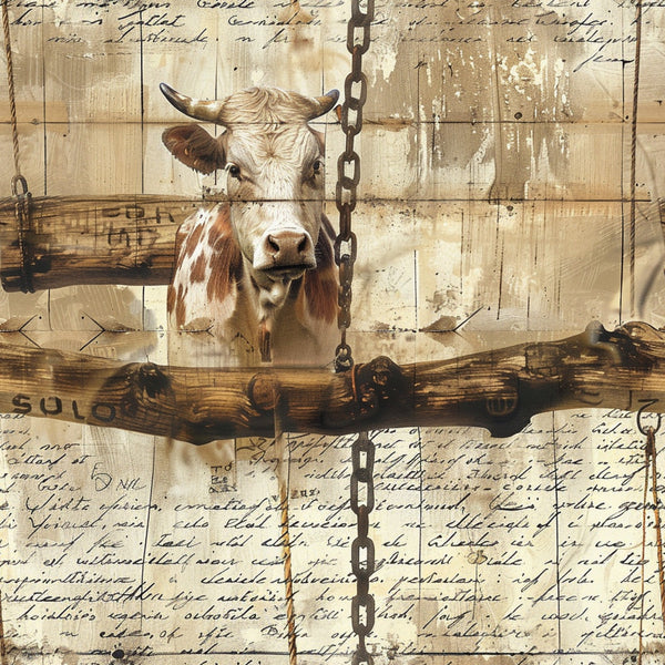 farm animals, cow portrait, brown and white, sepia tones, rustic wood, vintage chains, handwritten text, weathered background,, fabric panel, country style, barnyard theme, aged patina, distressed finish, pastoral scene, neutral palette, farming motif, livestock imagery, worn textures, rural charm