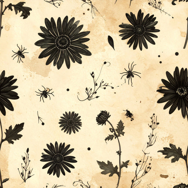 cream, black, vintage, floral, daisy, botanical, nature, insects, bees, spiders, delicate, antique, botanical illustration, wildflowers, cottage core, rustic, whimsical, ethereal, garden, naturalistic, spring, summer, beige, sepia tone, distressed, botanical art, heritage, timeless, retro