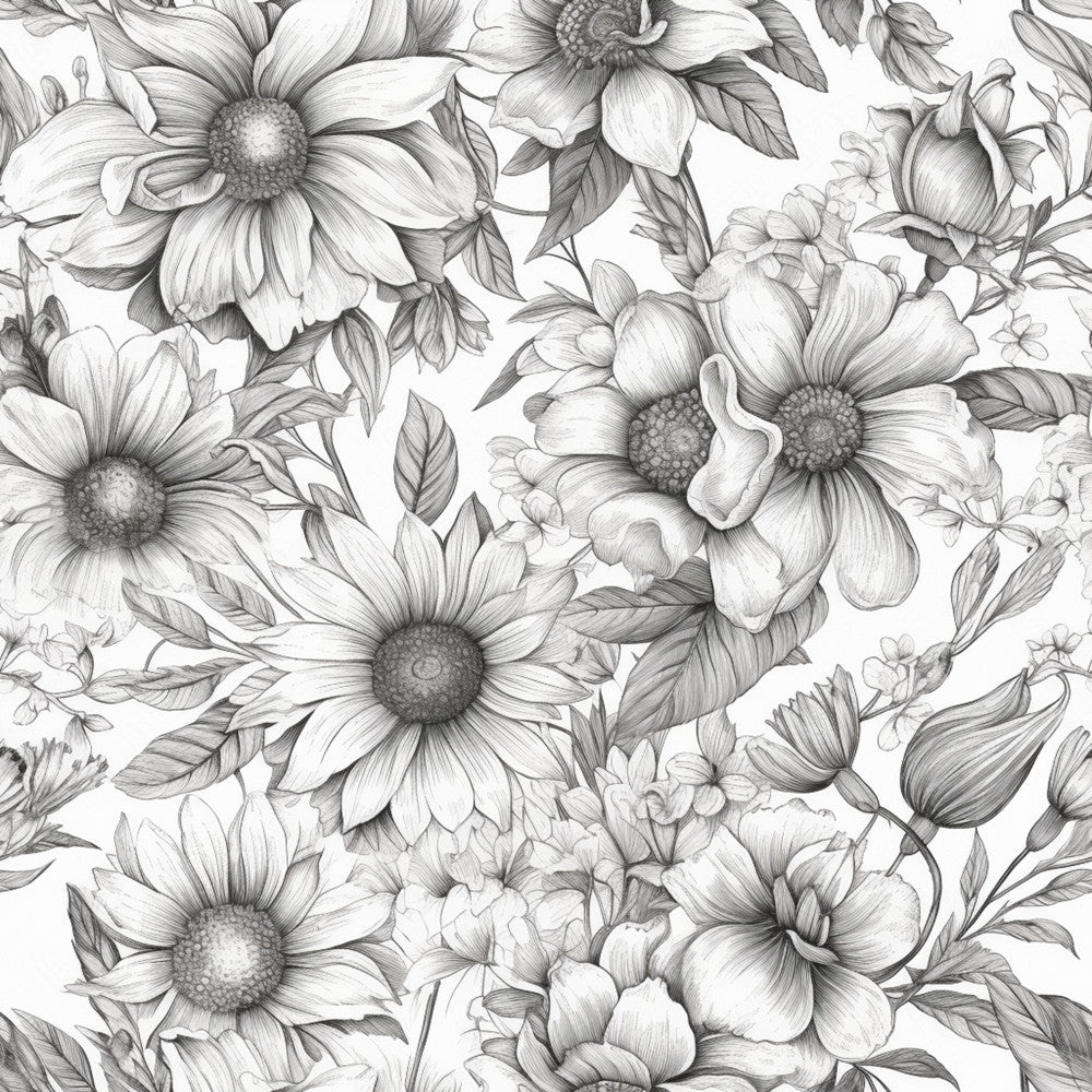 black and white, grayscale, monochrome, floral, botanical, flowers, daisy, sunflower, tulip, nature, garden, elegant, vintage, classic, traditional, detailed line drawing, sketch, botanical illustration, naturalistic, romantic, timeless, spring, summer, nursery, home decor, artistic, peaceful, calming, delicate petals