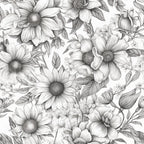 black and white, grayscale, monochrome, floral, botanical, flowers, daisy, sunflower, tulip, nature, garden, elegant, vintage, classic, traditional, detailed line drawing, sketch, botanical illustration, naturalistic, romantic, timeless, spring, summer, nursery, home decor, artistic, peaceful, calming, delicate petals
