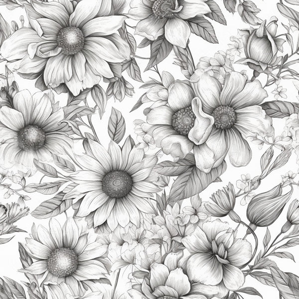 black and white, grayscale, monochrome, floral, botanical, flowers, daisy, sunflower, tulip, nature, garden, elegant, vintage, classic, traditional, detailed line drawing, sketch, botanical illustration, naturalistic, romantic, timeless, spring, summer, nursery, home decor, artistic, peaceful, calming, delicate petals