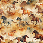 wild horses, running horses, watercolor style, brown tones, tan colors, cream background, orange hues, gray horses, chestnut horses, galloping motion, equestrian theme, western motif, seamless pattern,, fabric panel, artistic brushstrokes, dynamic movement, horse silhouettes, warm palette, dusty atmosphere