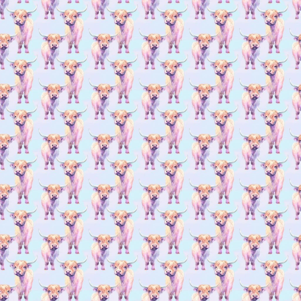 highland cows, pastel colors, pink shades, purple hues, lavender tones, cream colors, light blue background, repeating pattern, farm animals, bovine illustration, watercolor style, whimsical art, cute animals,, fabric panel, scottish cattle, horned cows, artistic rendering, soft pastels, animal motifs