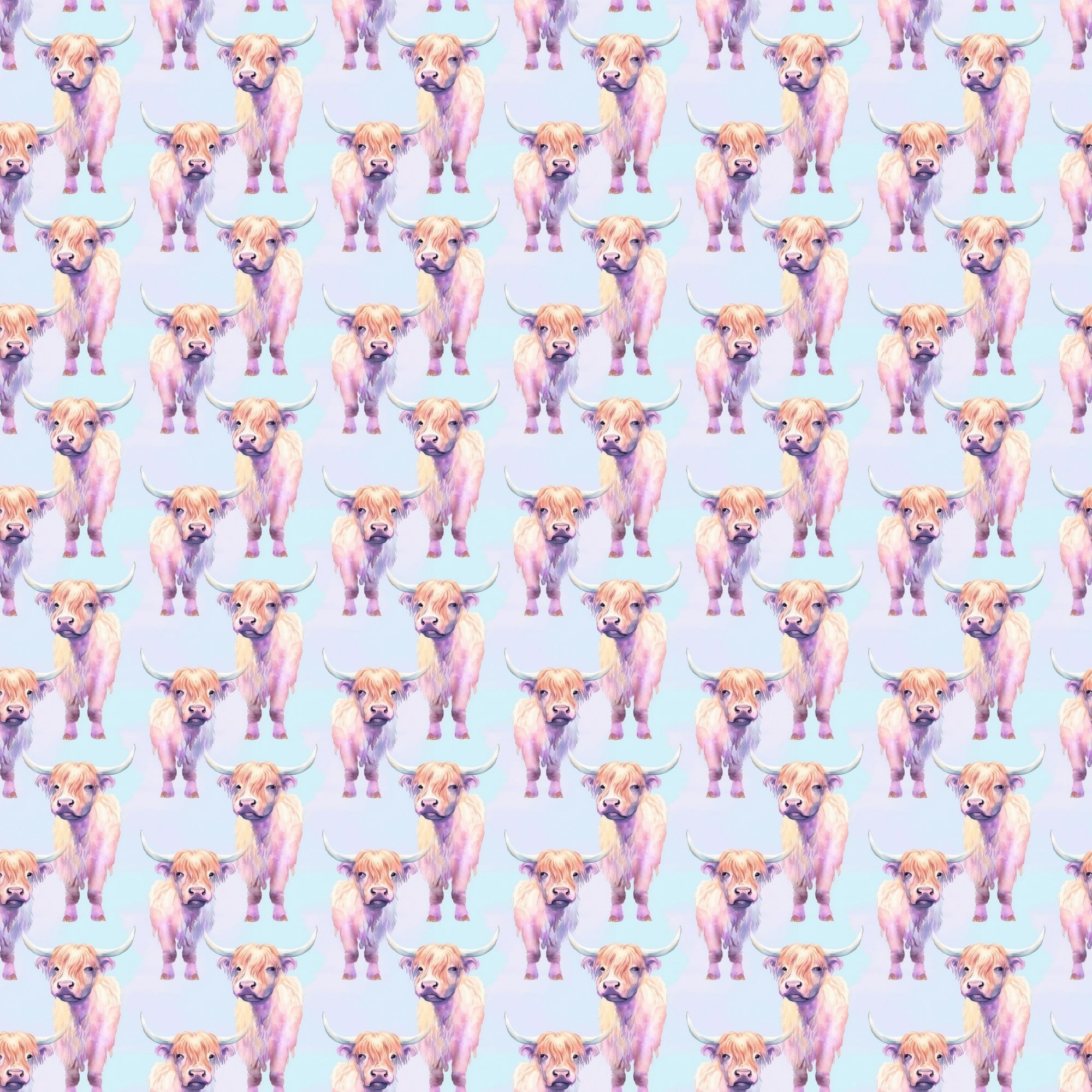 highland cows, pastel colors, pink shades, purple hues, lavender tones, cream colors, light blue background, repeating pattern, farm animals, bovine illustration, watercolor style, whimsical art, cute animals,, fabric panel, scottish cattle, horned cows, artistic rendering, soft pastels, animal motifs