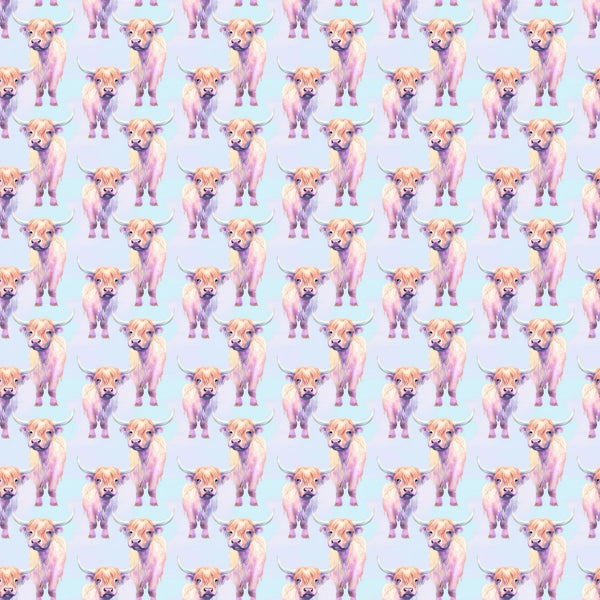 highland cows, pastel colors, pink shades, purple hues, lavender tones, cream colors, light blue background, repeating pattern, farm animals, bovine illustration, watercolor style, whimsical art, cute animals,, fabric panel, scottish cattle, horned cows, artistic rendering, soft pastels, animal motifs