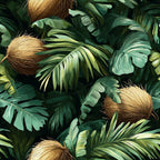 coconut jungle, tropical leaves, palm fronds, monstera leaves, forest green, sage green, brown coconuts, golden brown, natural fibers, botanical pattern, tropical paradise, lush foliage, rainforest motif,, fabric panel, exotic plants, island vibes, summer tropical, dense vegetation, tropical botanical