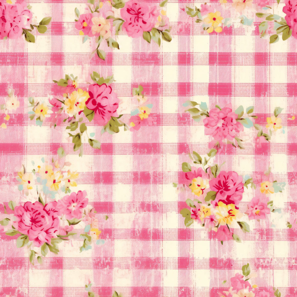 pink, white, cream, yellow, green, plaid, gingham, floral, roses, flowers, leaves, cottage core, shabby chic, vintage style,, fabric panel, country style, feminine, soft pastels, distressed texture
