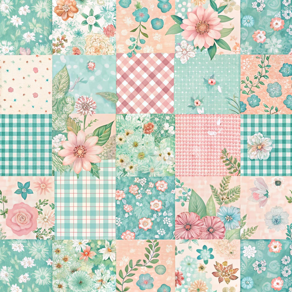 mint green, coral pink, peach, floral motifs, gingham checks, polka dots, spring flowers, roses, daisies, botanical leaves, patchwork squares,, fabric panel, cottage core, vintage style, pastel palette, garden blooms, coordinating prints, crafting material, sewing supplies
