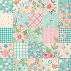 mint green, coral pink, peach, floral motifs, gingham checks, polka dots, spring flowers, roses, daisies, botanical leaves, patchwork squares,, fabric panel, cottage core, vintage style, pastel palette, garden blooms, coordinating prints, crafting material, sewing supplies
