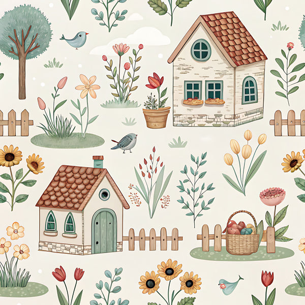 cottage core, farmhouse, whimsical, nature, floral, botanical, birds, sunflowers, tulips, wildflowers, cream, sage green, terracotta, dusty rose, soft pastels, houses, cottages, picket fence, garden, spring, vintage, rustic, pastoral, sweet, gentle, children's, nursery, kids room, playroom, illustrated